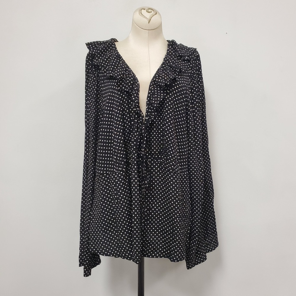 Ava & Viv Womens Polka Dot Flare Sleeve Top Size 2X Black White Retro Ruffle Tie